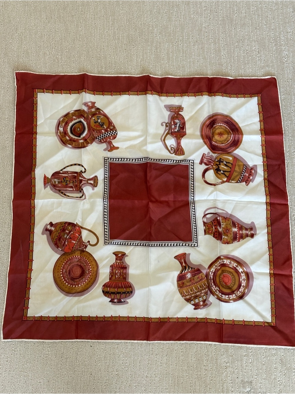 Vintage Greek Pottery Terracotta Amphora Print Style Scarf Made Japan 27" x 26"